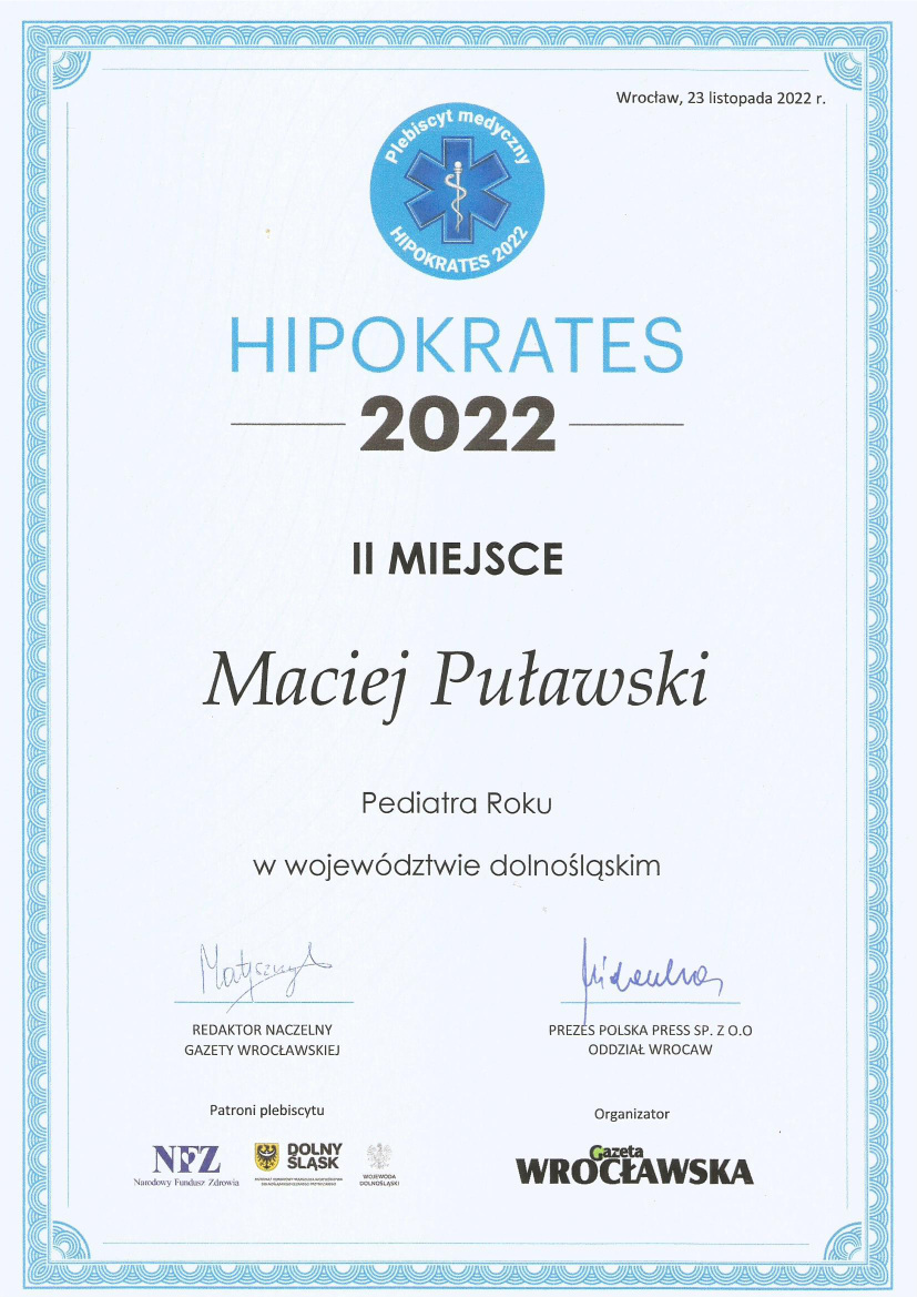 Dyplom Hipokrates Pediatra Roku Województwo dolnośląskie